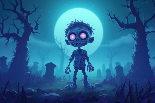 Personnage de dessin animé mignon petit zombie sur le cimetière dans la forêt de la mort effrayante la nuit d'Halloween