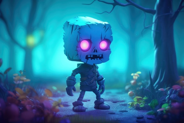 Personnage de dessin animé mignon petit zombie sur le cimetière dans la forêt de la mort effrayante la nuit d'Halloween
