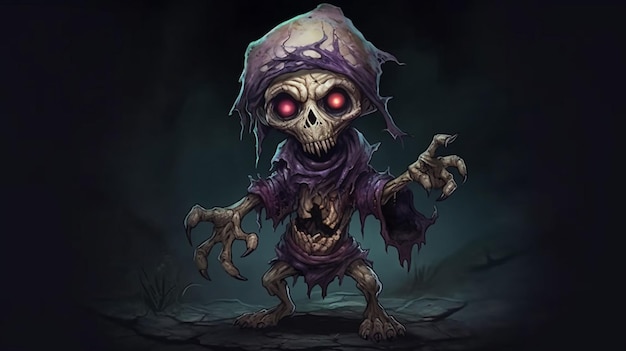 Un personnage de dessin animé avec un œil brillant et un crâne violet sur la tête.