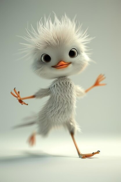 Un personnage de dessin animé d'un petit oiseau joyeux avec des pattes minces sur un fond blanc illustration 3D