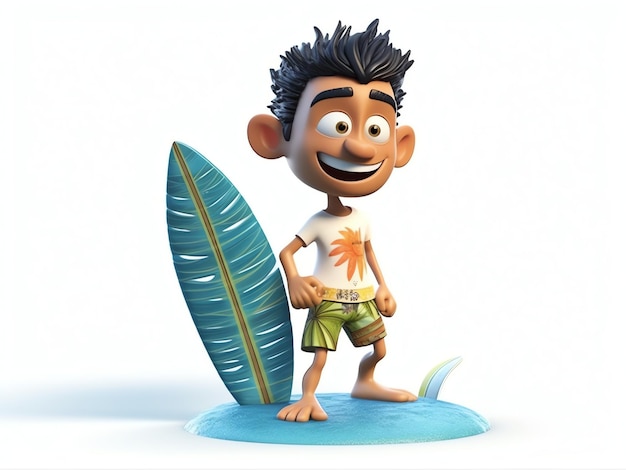 Un personnage de dessin animé avec une planche de surf et une feuille sur le dos.