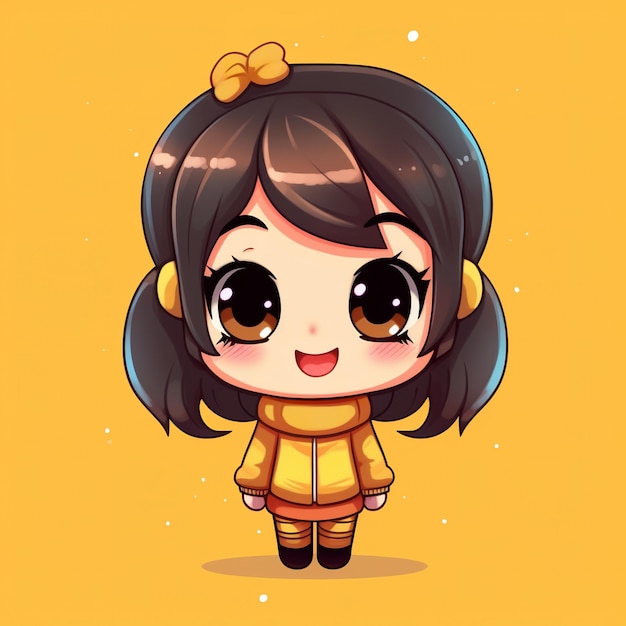 Un personnage de dessin animé qui est une petite fille avec une robe jaune et un arc sur la tête.