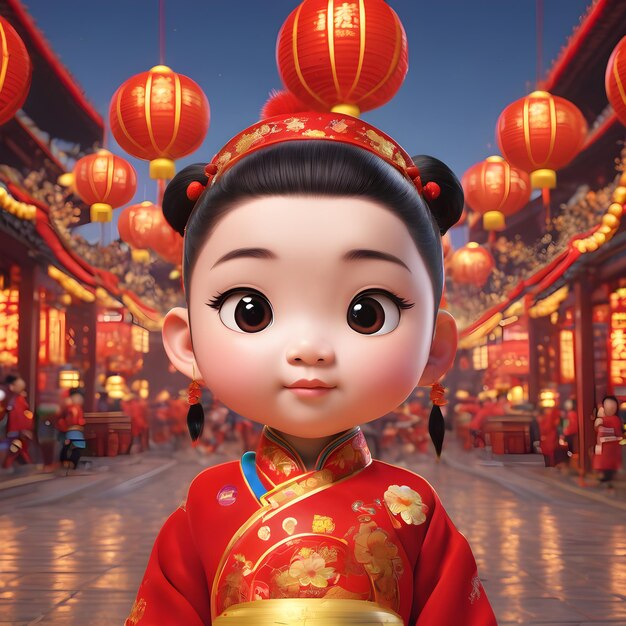 Personnage De Dessin Animé De Rendu 3D Petite Fille Célébrant Le Nouvel An Chinois