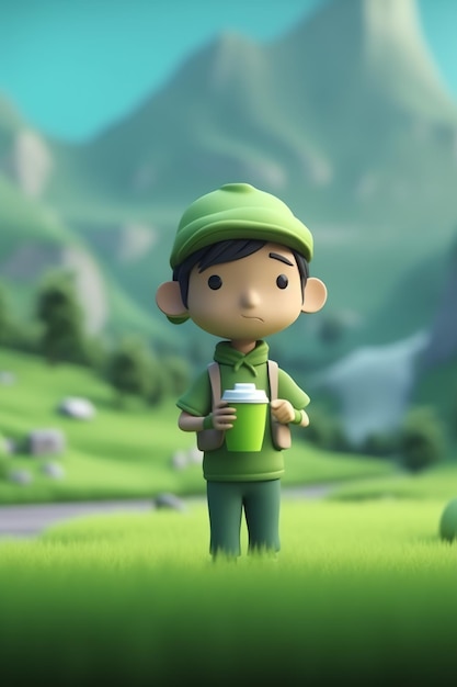 Un personnage de dessin animé avec un sac à dos vert se tient dans un champ avec une montagne en arrière-plan.