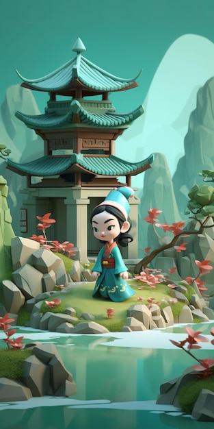 Un personnage de dessin animé se tient devant un temple chinois.