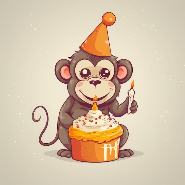 Un personnage de dessin animé de singe avec un gâteau d'anniversaire AI générative