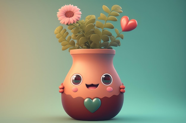 Un personnage de dessin animé tenant une fleur dans un pot avec un cœur sur le fond.