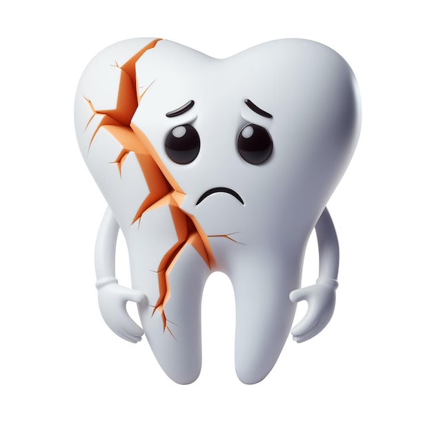 Photo personnage de dessin animé triste dent avec des fissures et des caries style 3d isolé ia générative