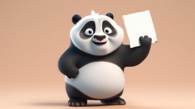 Un personnage de dessin animé avec un ventre blanc et un panda sur la poitrine tenant une feuille de papier vierge.