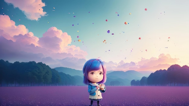 Un personnage de dessin animé violet et bleu aux cheveux violets se tient dans un champ avec un ciel rempli de ballons en arrière-plan.