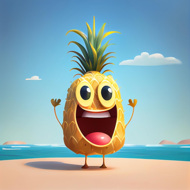 Personnage de dessin animé de visage d'ananas jaune souriant heureux