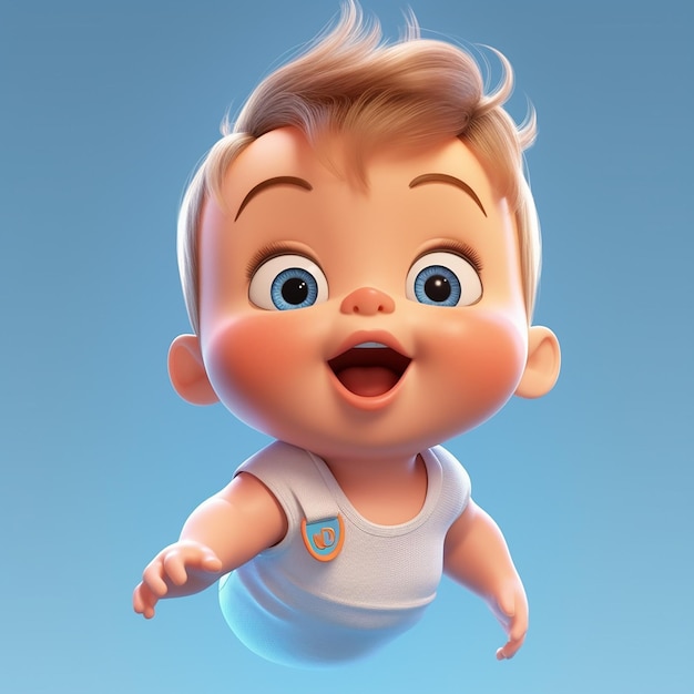 Un personnage de dessin animé vole sur fond bleu et porte un bavoir avec le mot bébé dessus.