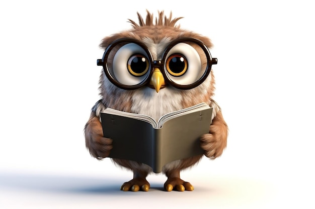 Personnage de dessin animé Wise Owl avec lunettes et livre sur fond transparent AI