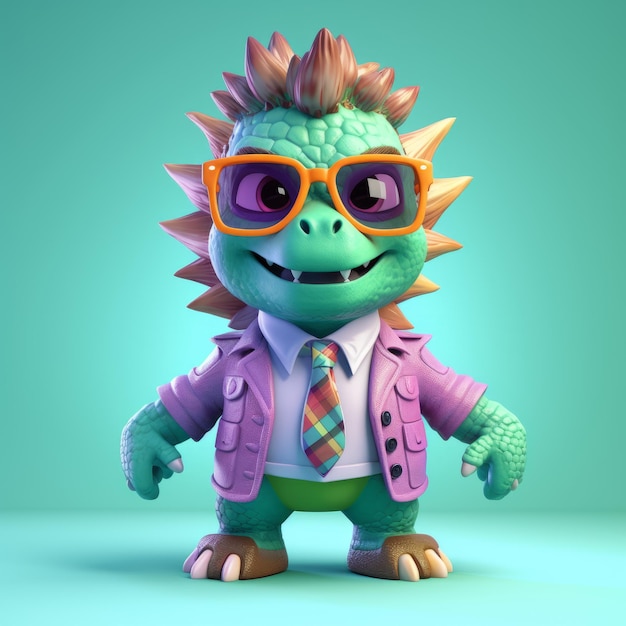 Un personnage de dinosaure en 3D avec des lunettes de soleil et des costumes