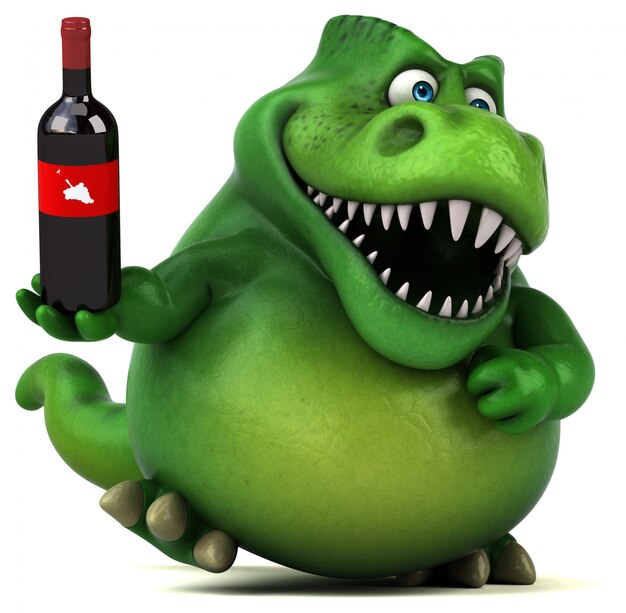 Personnage drôle de dinosaure 3d tenant une bouteille de vin