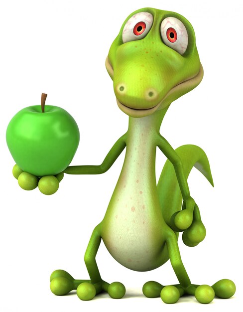 Personnage drôle de lézard 3d tenant une pomme verte