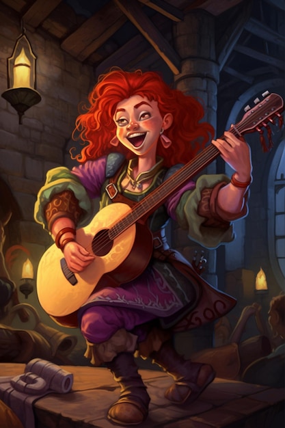 Un personnage du jeu cheveux roux jouant de la guitare