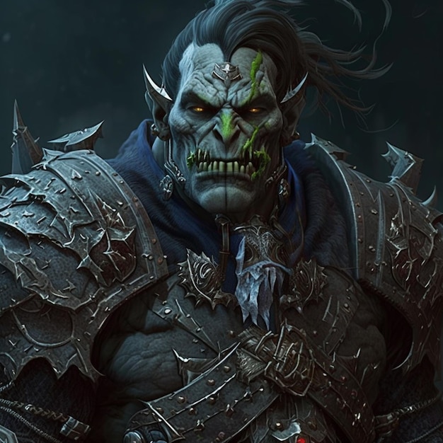 Un personnage du jeu orc avec un sweat à capuche bleu et des yeux verts.