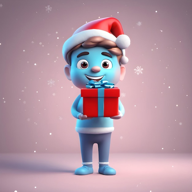 Un personnage du Père Noël heureux tenant une boîte à cadeaux illustration 3D