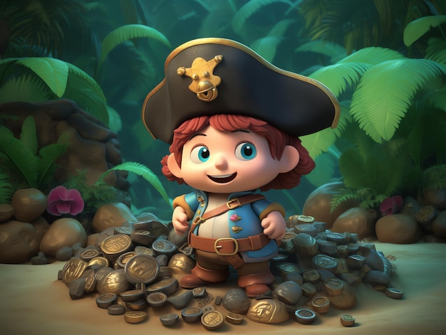 Un personnage du pirate du jeu vidéo se tient parmi une pile de pièces.