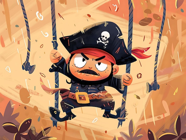 Le personnage du pirate rusé portant un bandana et se balançant sur des cordes avec une feuille de concept de contour