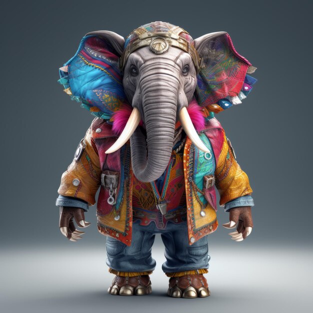 Un personnage d'éléphant 3D coloré avec un réalisme de style rue complexe