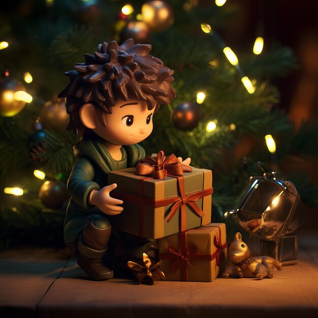 Personnage enfant 3D avec cadeaux de Noël sur le sapin de Noël