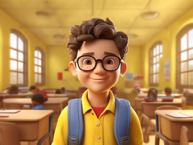 Personnage d'enfant d'école de dessin animé 3D, fond jaune