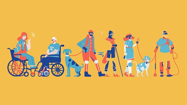 Le personnage est dans un fauteuil roulant, il est sur des béquilles, elle a une prothèse de jambe et il est aveugle.