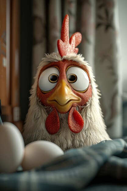 Le personnage est une poule avec des œufs illustration 3D