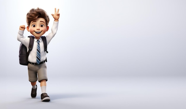 Un personnage d'un étudiant drôle et mignon avec une mallette allant à l'école dans l'animation Pixar styles Écolier marchant vers le sac de connaissances l'école le travail scolaire bannière copie espace arrière-plan large