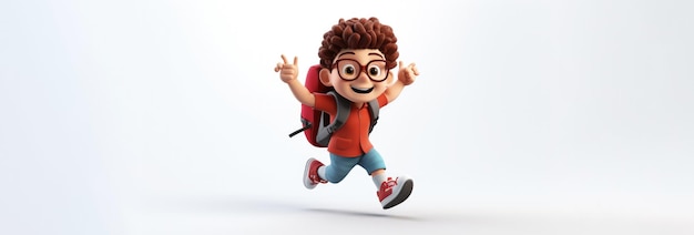 Un personnage d'un étudiant drôle et mignon avec une mallette allant à l'école dans l'animation Pixar styles Écolier marchant vers le sac de connaissances l'école le travail scolaire bannière copie espace arrière-plan large