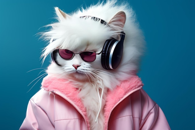 personnage fantastique avec tête de chat dans des lunettes de soleil et des écouteurs portant une veste blanche écoutant de la musique sur fond rose et bleu