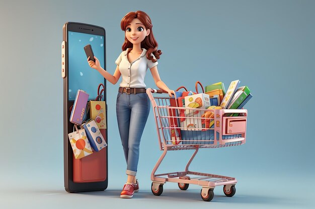 Personnage féminin 3D d'une femme jolie et heureuse avec un panier sur un téléphone mobile illustration 3D achats sur Internet