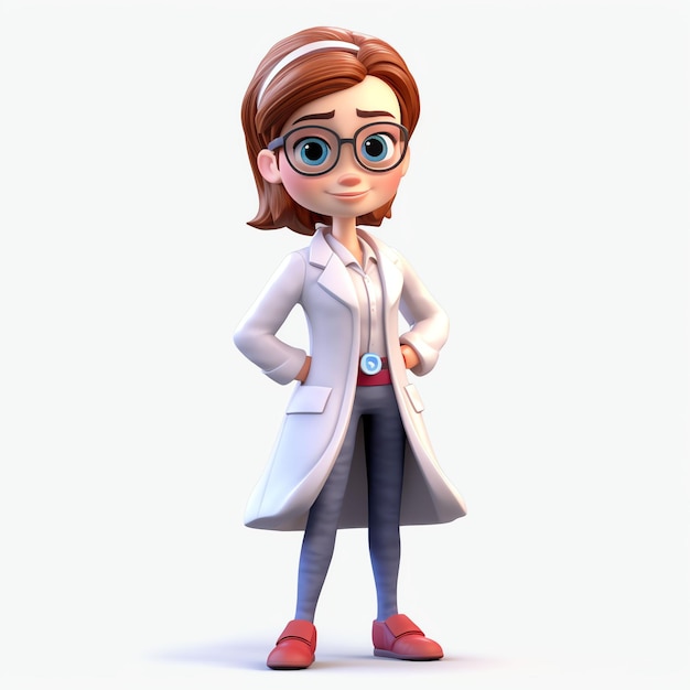 personnage féminin docteur chibi pixar corps entier 3d fond blanc