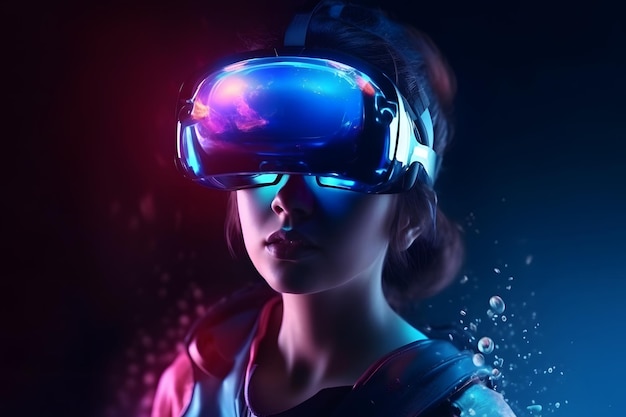 Personnage féminin réaliste 3d avec des lunettes VR futuristes et un casque de copie de l'espace technologie de concept métavers jeu vidéo et réalité virtuelle rendu 3d Ai générative