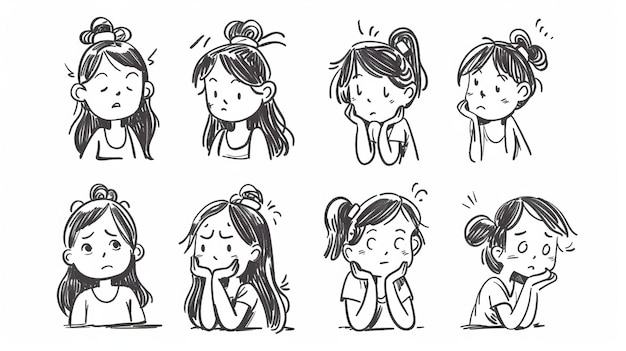 Personnage de fille dessiné à la main avec diverses poses et expressions dans un style de conception de doodle moderne