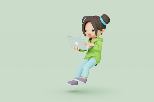 personnage de fille flottant tout en utilisant un ordinateur portable pensant illustration 3d