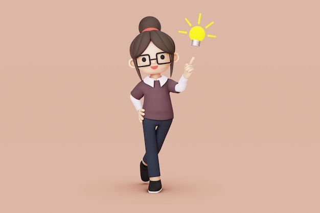 personnage de fille avec des lunettes ont une idée illustration 3d