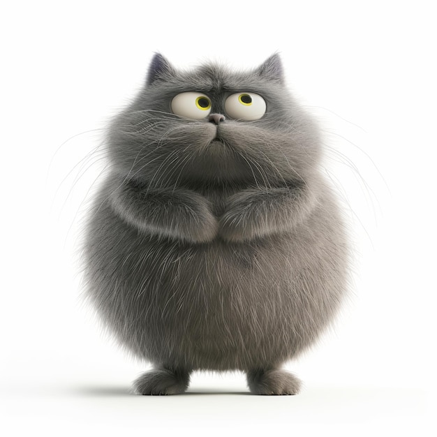 le personnage d'un gros chat gris moelleux sur un fond blanc illustration 3D