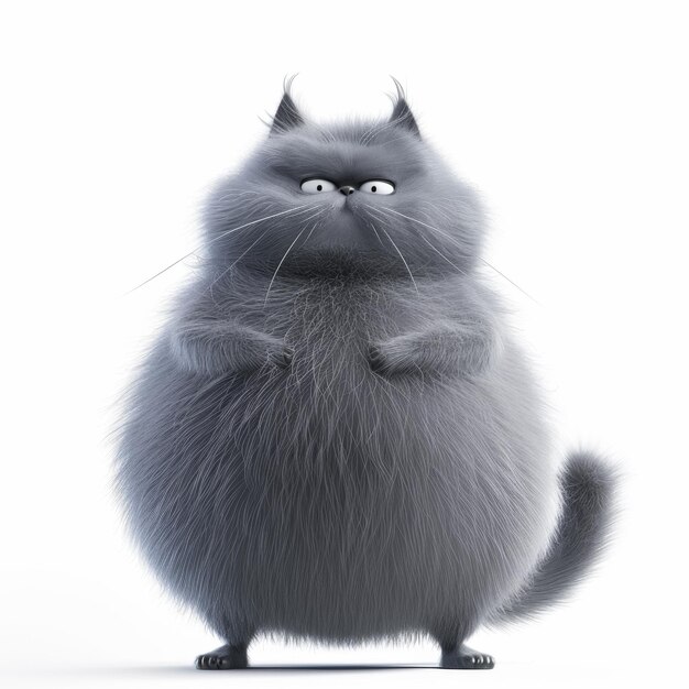 le personnage d'un gros chat gris moelleux sur un fond blanc illustration 3D