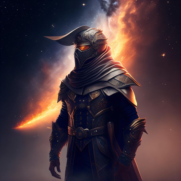 Photo personnage de guerrier assassin avec fond galactique pour le papier peint personnage de jeu avec armure