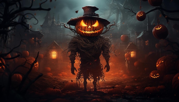 Photo personnage d'halloween citrouille d'horreur dans un paysage effrayant d'halloween