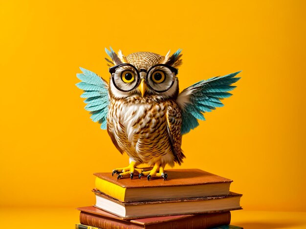 Un personnage de hibou portant des lunettes rondes perché sur une pile de livres sur un fond jaune