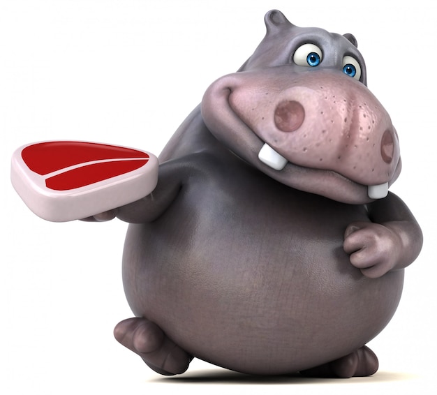 Photo personnage hippopotame 3d drôle tenant un steak cru