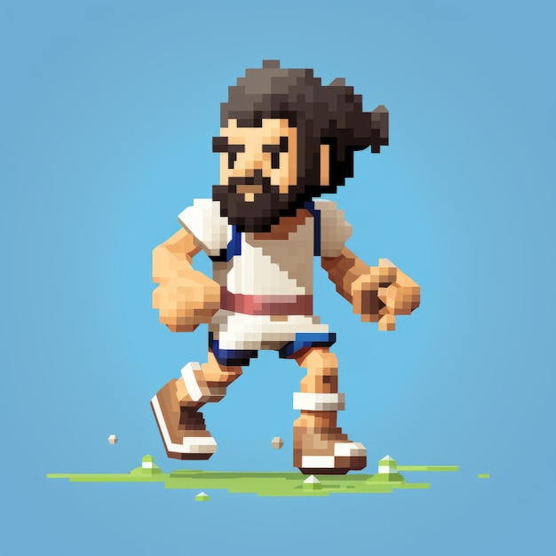 Photo personnage d'homme pixel avec barbe qui marche mythologie ludique inspirée de dessins animés 3d 8 bit