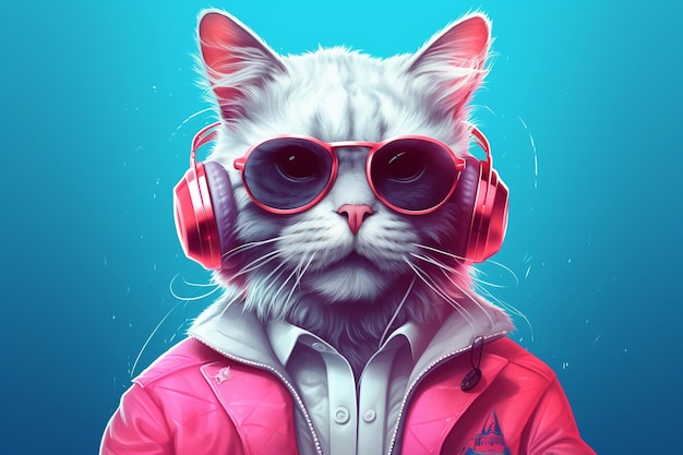 Personnage imaginaire avec tête de chat portant des lunettes de soleil et tenue à la mode Generative Ai