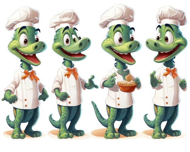 Un personnage de jeu de dessin animé en 3D, un alligator, un crocodile et un cheft.
