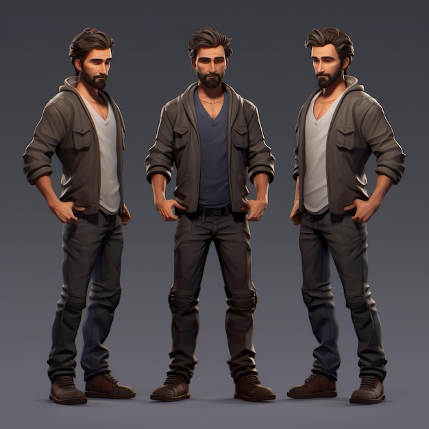 Personnage de jeu masculin sur le thème de l'aventure hyperréaliste dans le style Dau Al Set