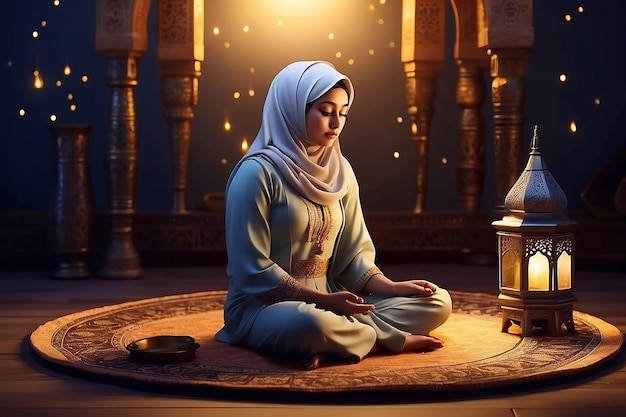 Personnage de jeune femme musulmane priant avec Tasbih sur un tapis rond avec une lampe arabe allumée et un espace de copie